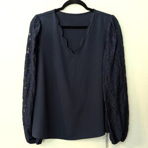 NWT Cupshe Live Life On The Beach Women's Navy Long Lace Sleeve Top. Size M
